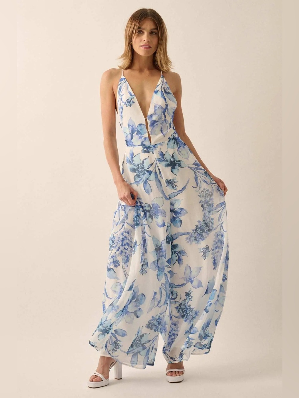 Lyon White & Blue Floral Spaghetti‑Strap wrapped Maxi romper size medium